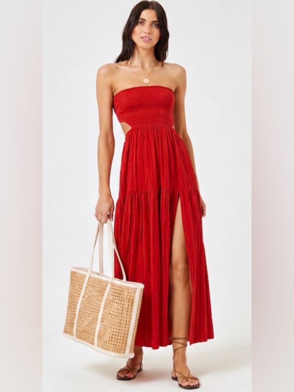 NWT LSPACE TINA LINEN BLEND MAXI DRESS SMALL POPPY RED STRAPLESS CUTOUT LEG SLIT